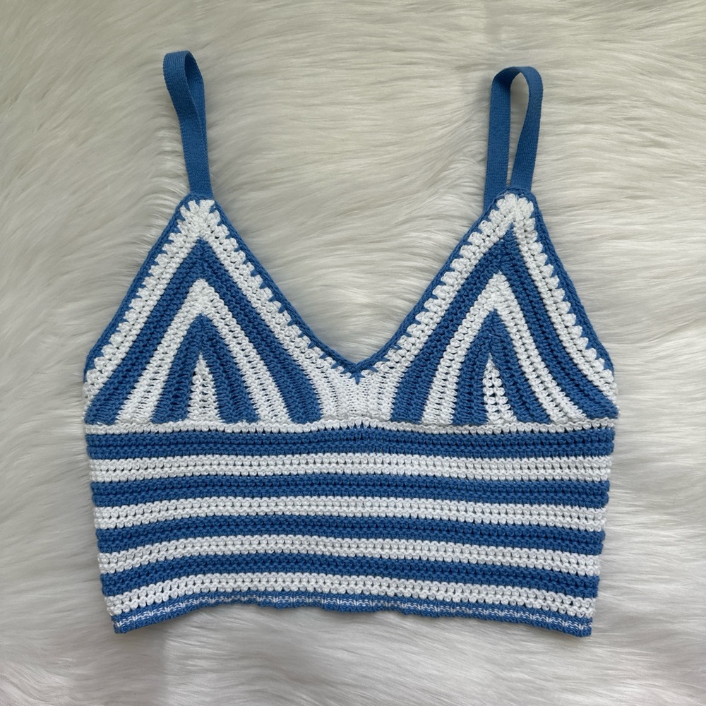 Hollister Blue and White Striped Crochet Crop Top